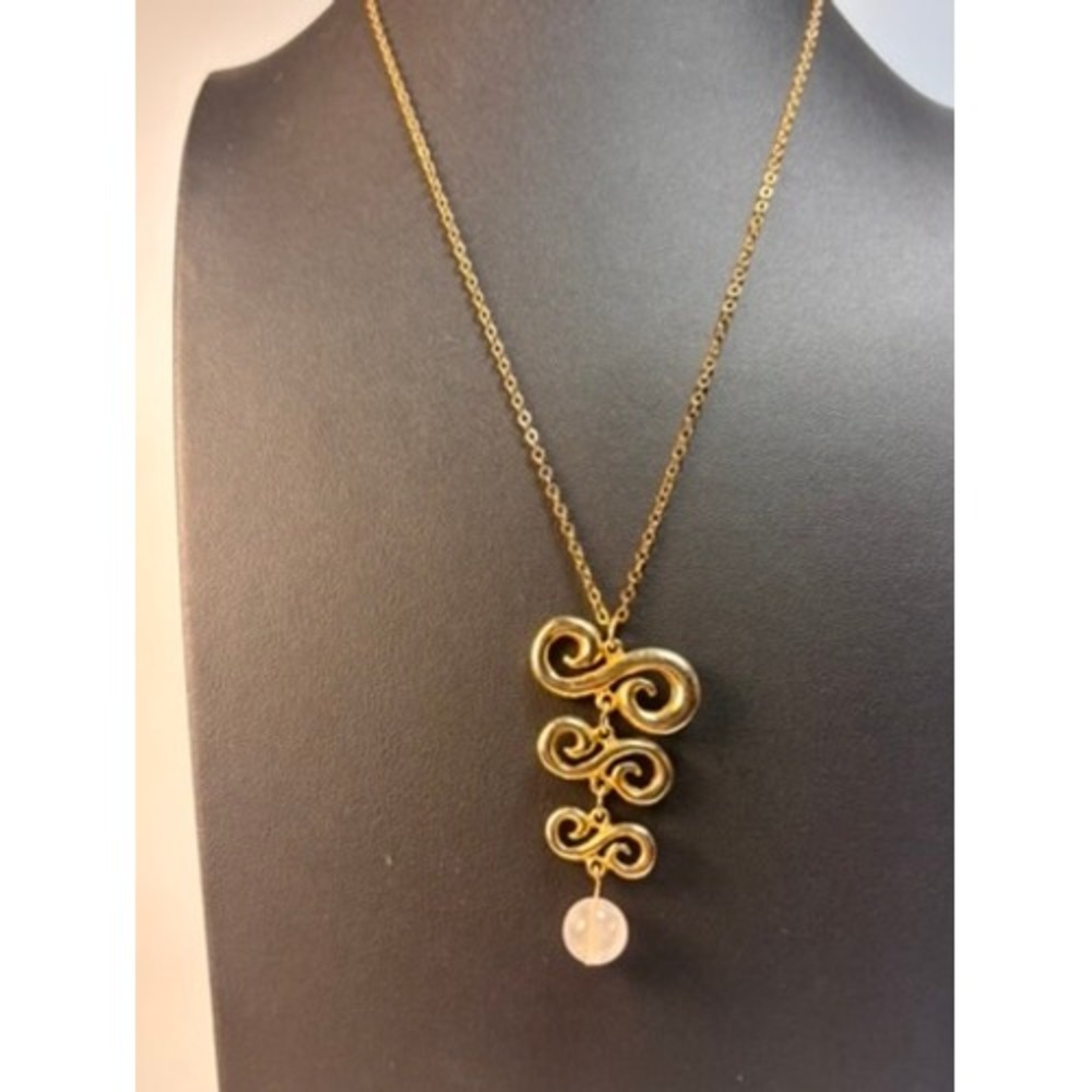 Gold Tone Scrollwork Pendant Necklace Pink Stone Boho Statement Whimsygoth